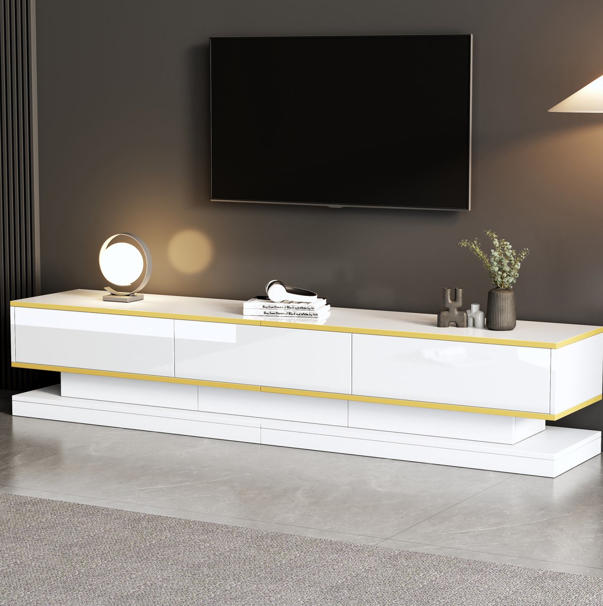 WUVRIE TV-meubel 200x40x40 cm - 3 lades en open vakken - Hoogglans wit met gouden rand