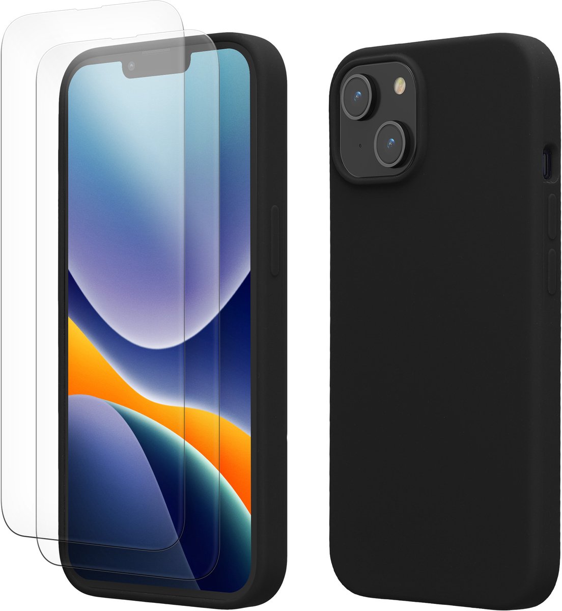 kwmobile hoes met 2x screenprotectors voor Apple iPhone 14 – screenprotector van gehard glas – draadloos opladen – zwart