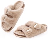 Dames slippers – nep konijnenvacht pluche slippers – comfortabele sloffen – kurken inlegzool – camel – 39 - Geschikt voor voeten van 24,5 cm