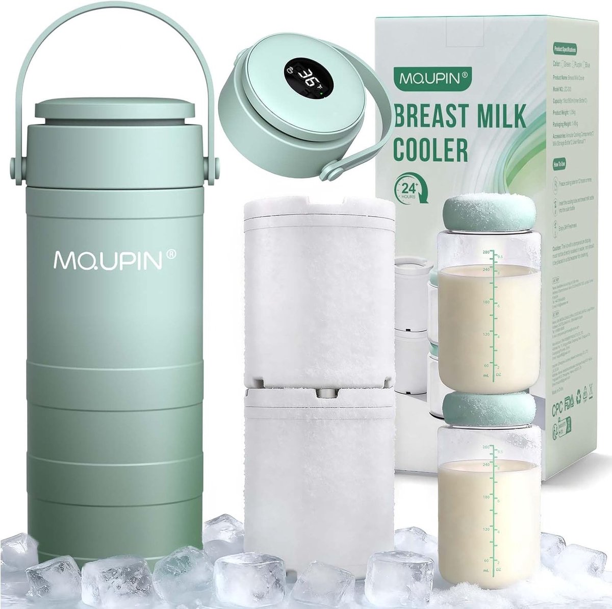 Draagbare borstvoeding koelbox van 560 ml met temperatuurweergave, 24 uur gekoeld en groen ontwerp voor onderweg