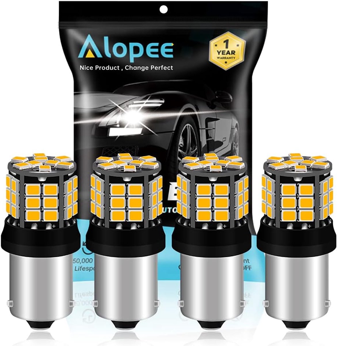 Alopee 4 Pack 1056 BAU15S 7507 12496 1156PY PY21W RY10W Extremely Bright Amber/Yellow Non-Polarity 2835 39-SMD 9-30V - ShopVlot