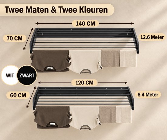 Zwart en wit droogrek van 140 cm met 12.6 meter drooglengte en 120 cm met 8.4 meter drooglengte.