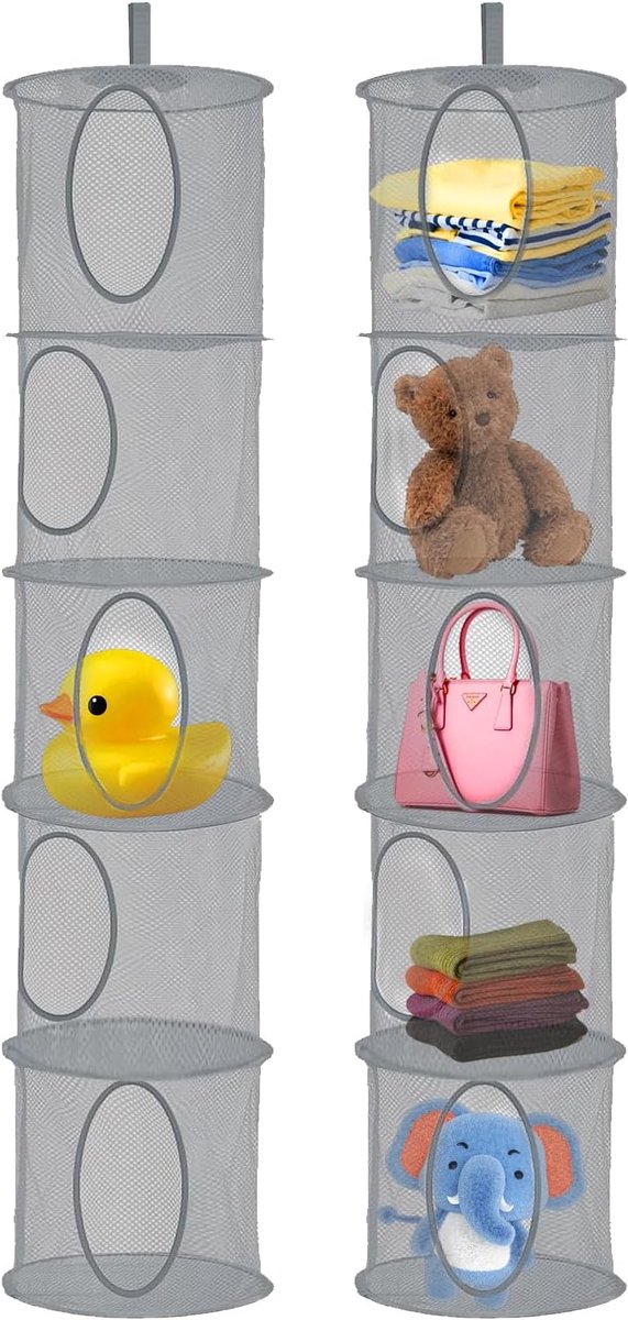 SnelShoppen - Pack van 2 Hangende Opbergnetten, 5 Niveaus, Ruimtebesparende Organizer voor Kleine Kleding, Badkamer, Balkon, Grijs, Vouwbaar