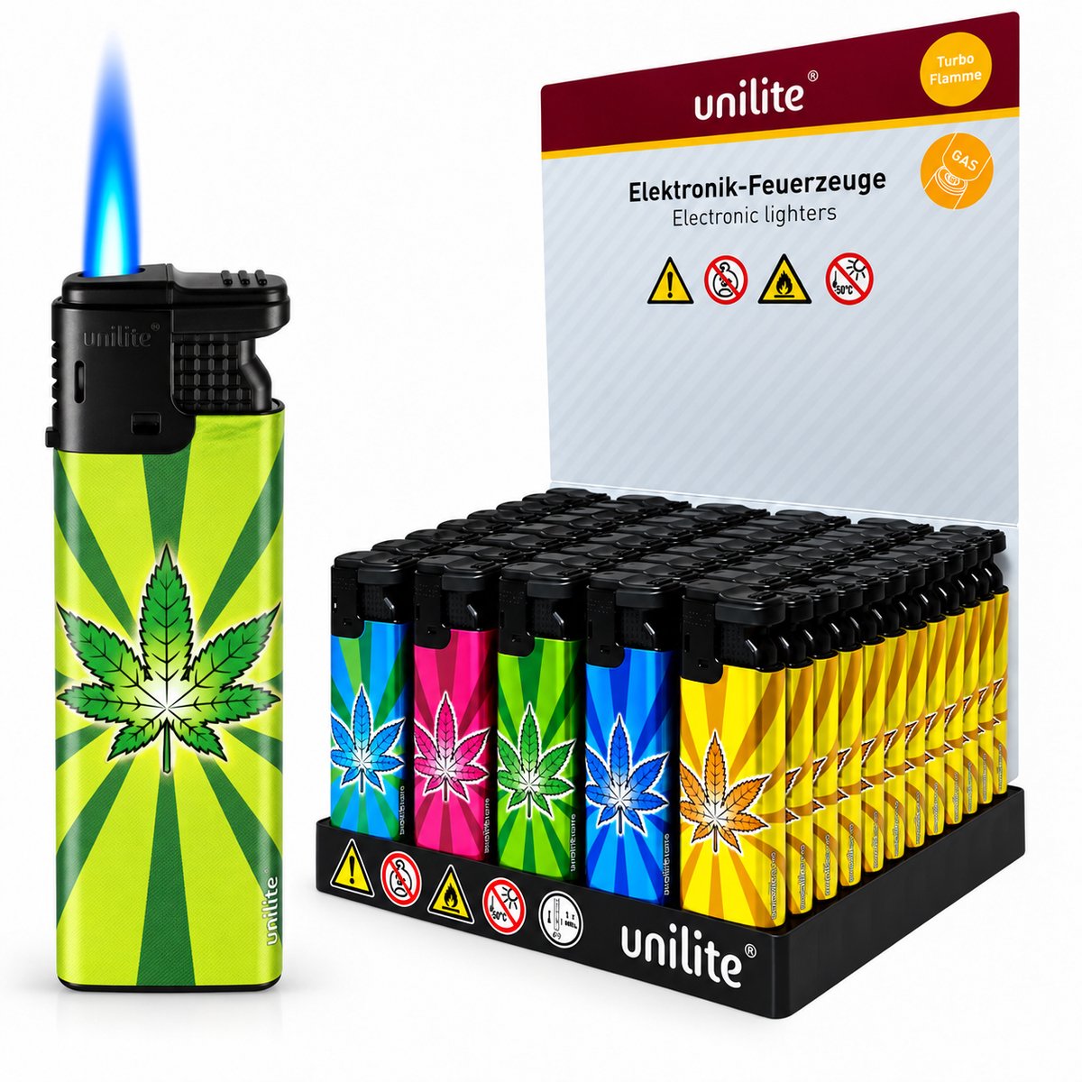 Krachtige Turbo Aanstekers 50 stuks in tray - Magic Greens print Unilite® - Windbestendig Aanstekers - Jet flame - Stormaanstekers
