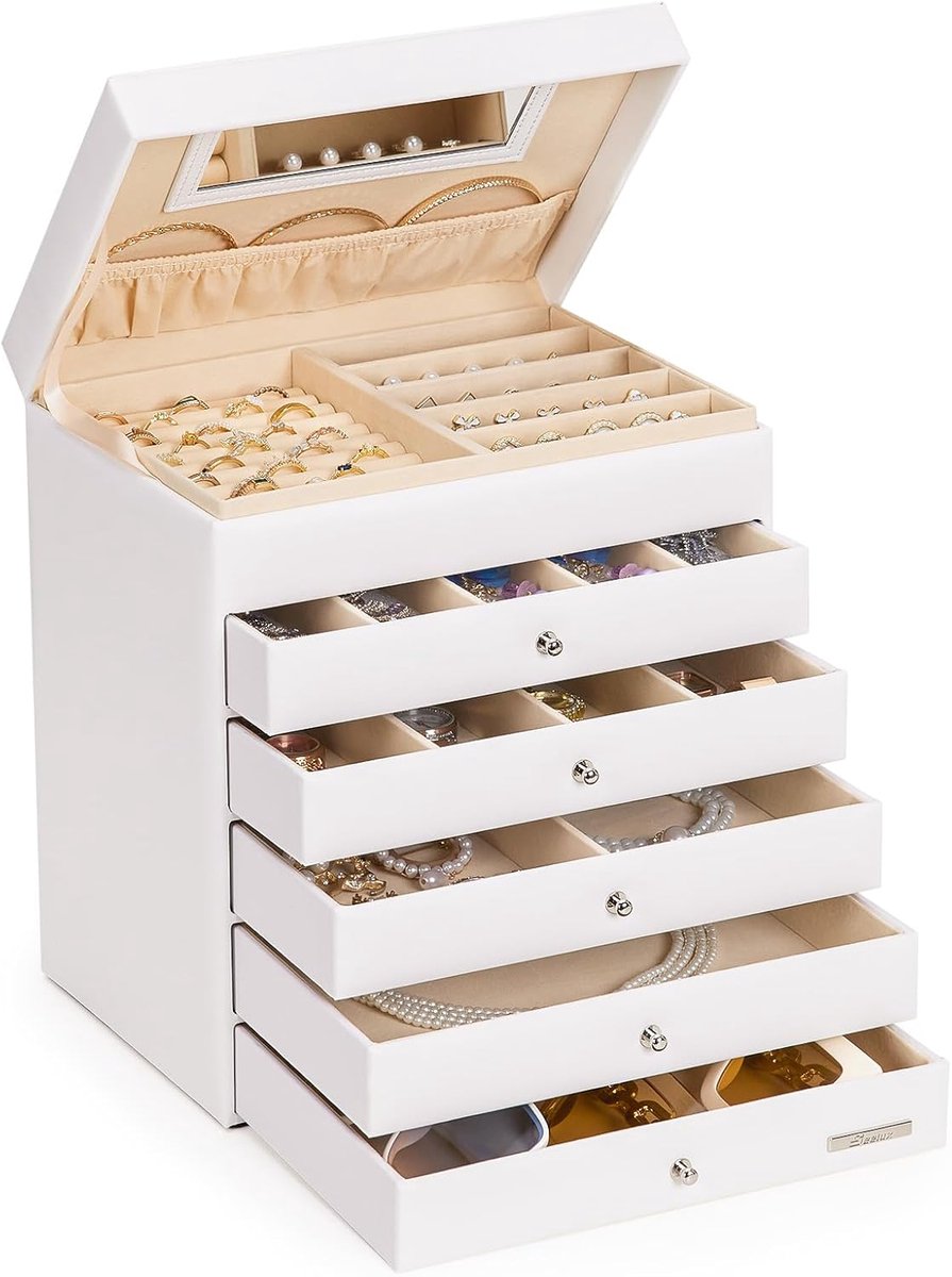 SnelShoppen - Wit Sieradenbox met 5 Lades en Spiegel voor Ringen, Kettingen, Armbanden, Oorbellen - Herbruikbaar en Ruim - Perfect voor Sieradenopslag