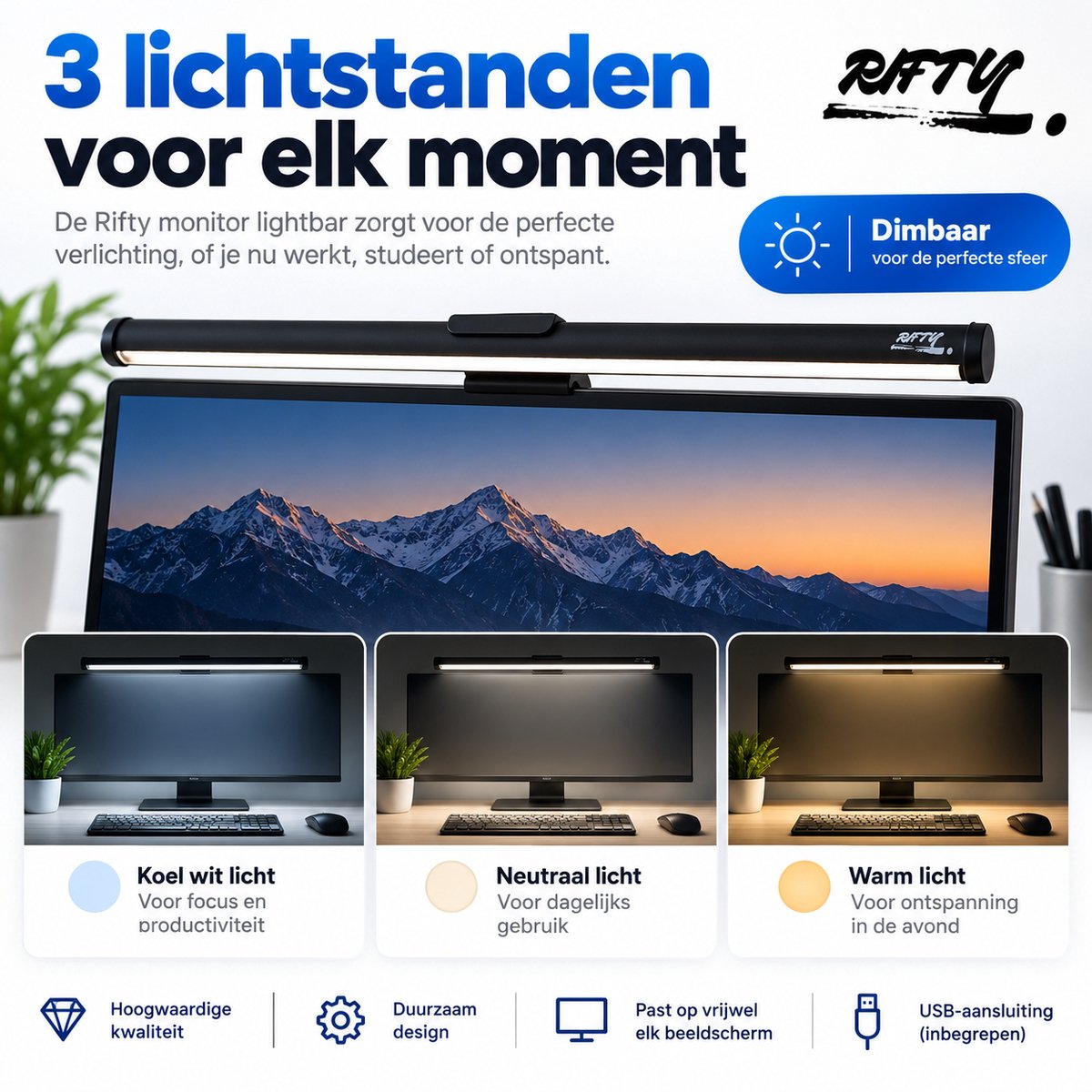 Rifty Monitor Light Bar - Monitor Lamp USB Dimbaar - Schermbalk Beeldscherm Lamp - 5 Kleurtemperaturen - Anti Reflectie - Oogvriendelijke Bureauverlichting voor PC, Laptop, Thuiswerken & Gaming thumbnail 2