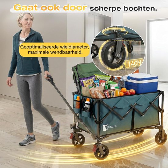 SnelShoppen - Opvouwbare Bolderkar tot 120 kg, Inklapbare Handwagen met Eén-Klik-Handgreep, 150L Groen, Off-Road Wielen met Rem, Ideaal voor Camping, van Snelshoppen — afbeelding 5