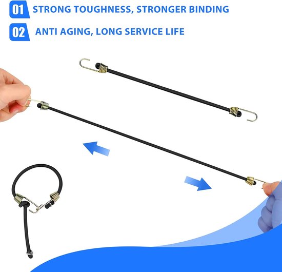 Pack of 10 Elastic Bungee Cords with Hooks, Adjustable 24 cm, Mini Sandow Tarpaulin, Rubber Tarpaulin, Robust Tension - ShopVlot — afbeelding 3