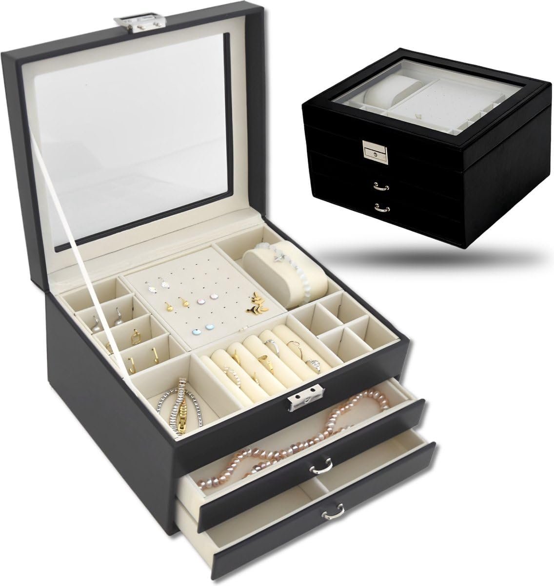 Jewelry Box with Glass Lid, Black, 2 Drawer Jewellery Box, Jewelry Storage - ShopVlot
