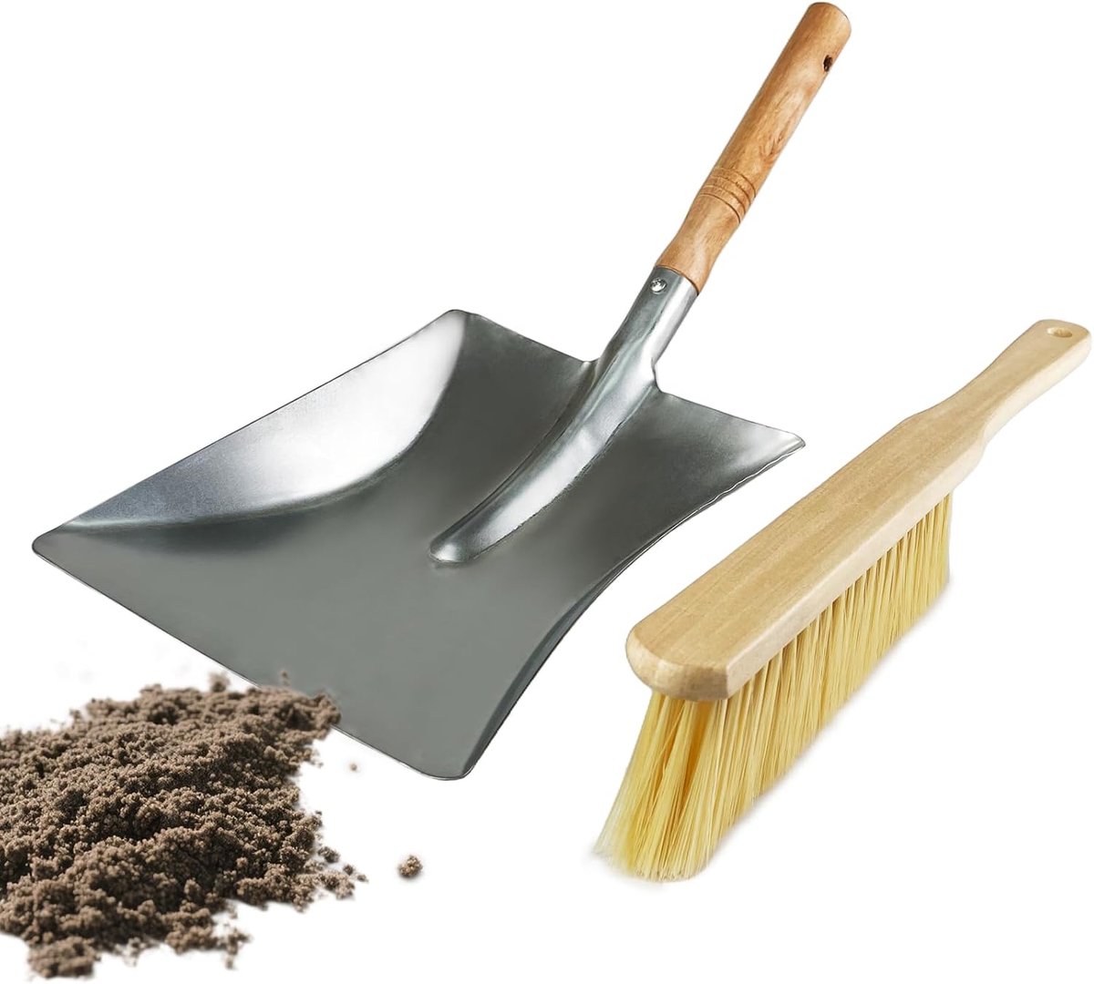 Schop en bezemset, veegschep metalen stofschep set, metalen stofschep met houten handvat, reinigingsgereedschap voor tuin, voor buiten, zilverkleurig