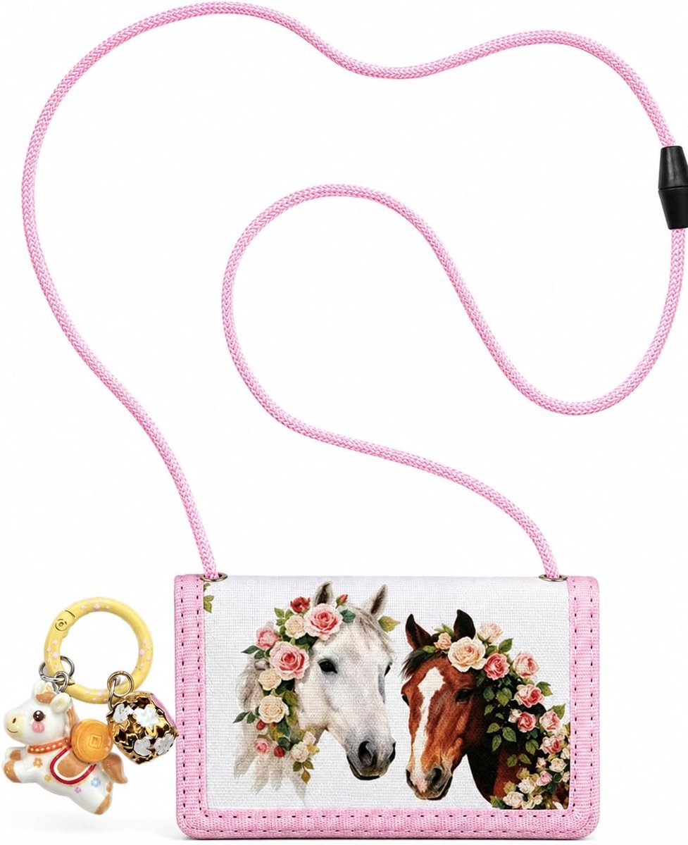 Borsttas voor kinderen, meisjes, paardenportemonnee met roze pony sleutelhanger, schoudertas voor zakgeld, cadeau voor kleine paardenfans