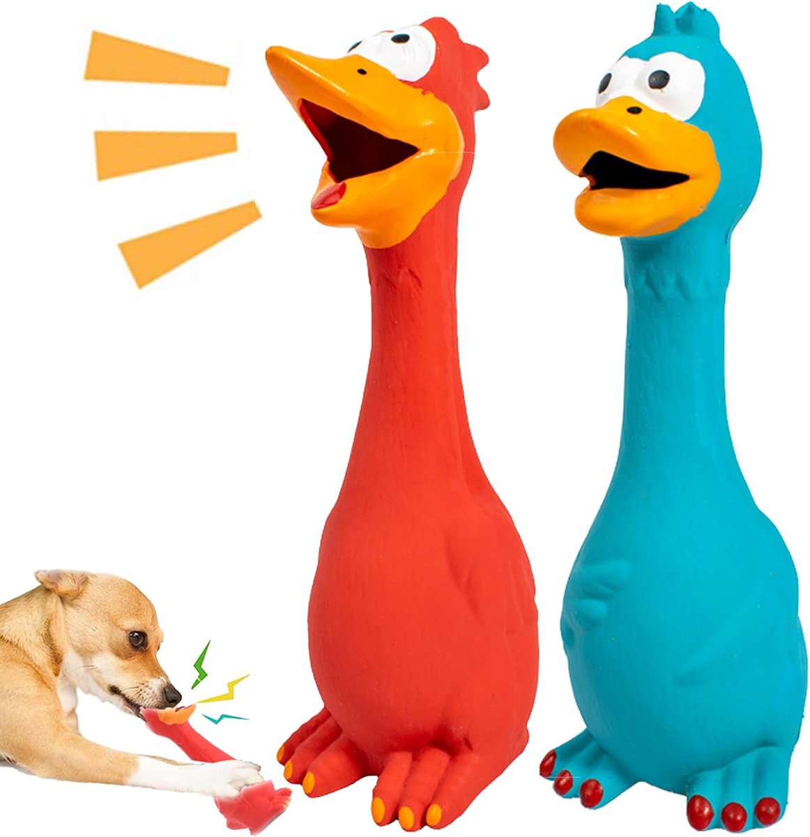 2 stuks Screaming Chicken Yellow Rubber Squaking Chicken Toy, Duurzaam Decompressie Tool Shrilling Gadgets voor Huisdieren of Kinderen (Rood+Blauw)