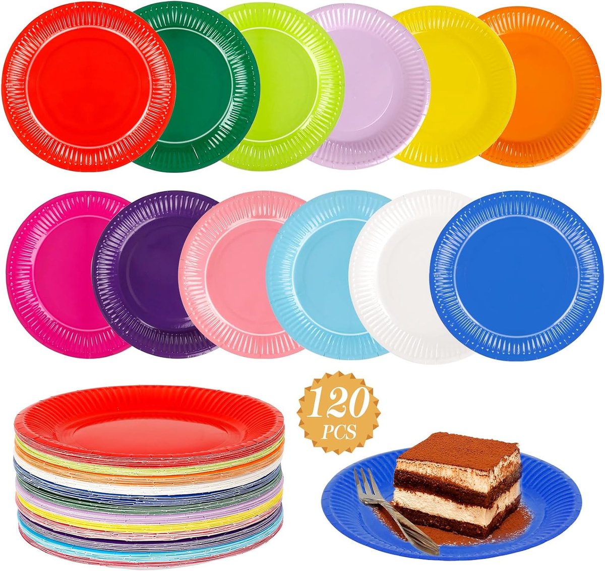 120 Pack Kleurrijke Party Papieren Borden, 7 Inch Dessert Papier Plaat Veelkleurige Papieren Borden Ronde Picknick Papieren Borden voor Diner Bruiloft Verjaardagsfeest DIY Schilderen (12