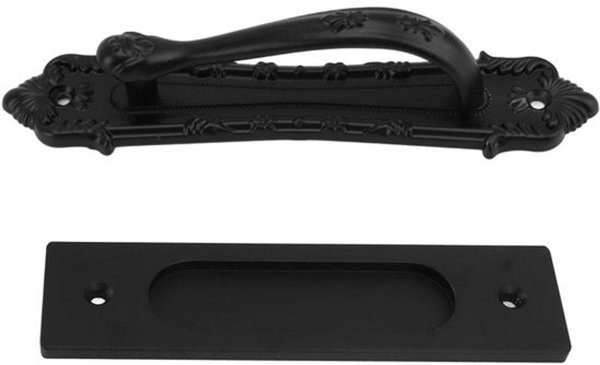 plus - Zwarte aluminiumlegering - Schuurdeurgreep- en spoelset - 6 mm dik, dubbelzijdig ontwerp voor poorten, garages, schuren en meubels - Inclusief montageschroeven