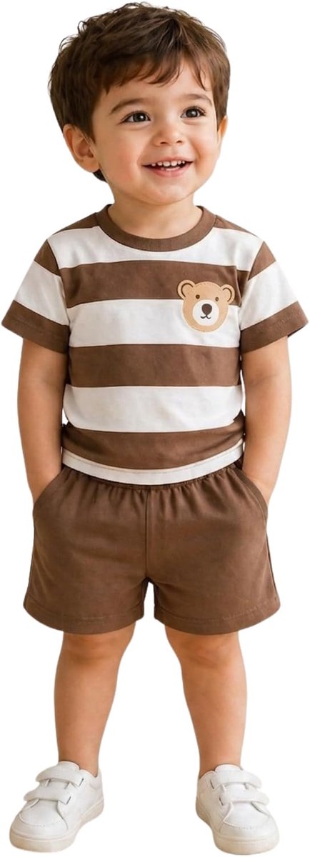 Set voor jongens, zomer, ouders, met bedrukt T-shirt en blauwe shorts, casual outfit voor kinderen, korte mouwen, voor vakantie
