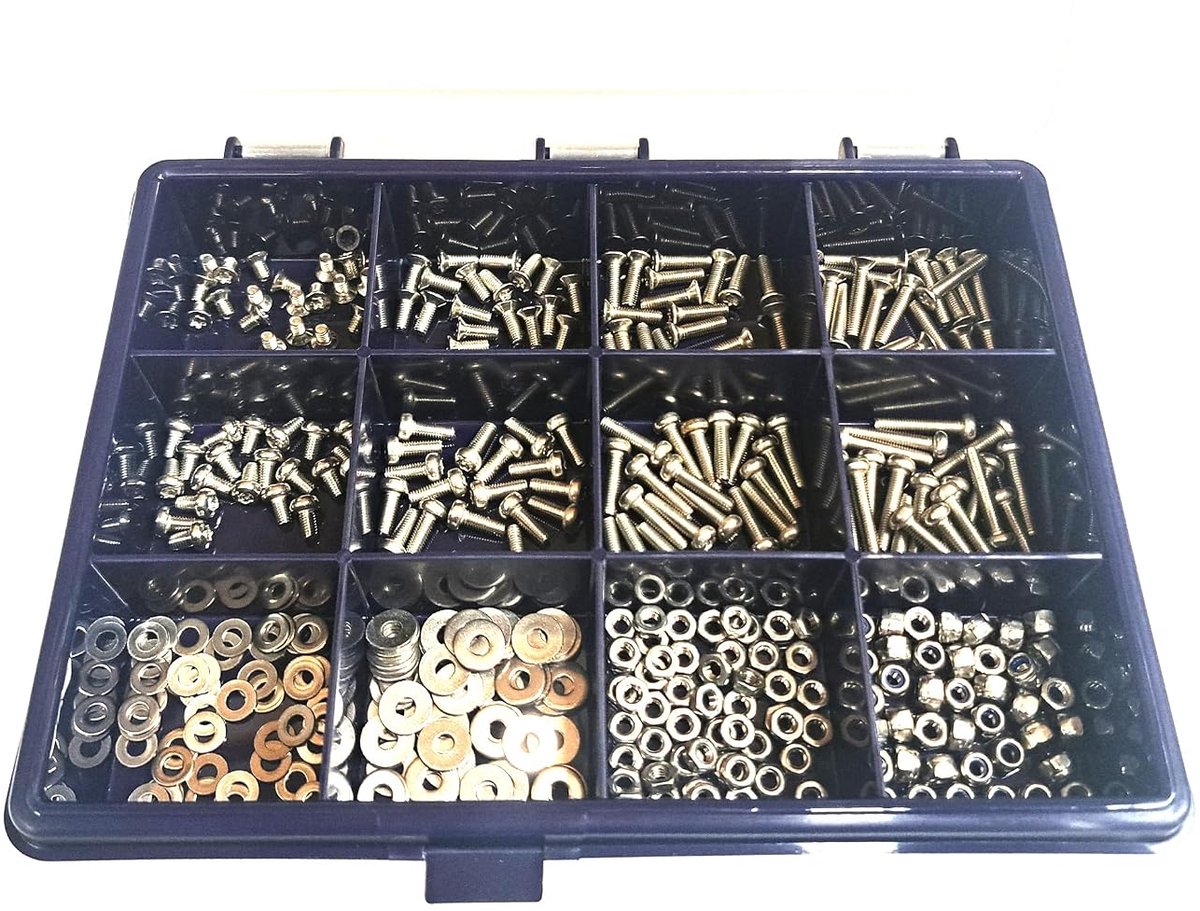 Schroeven met M3-schroeven (lenskop en verzonken kop) met binnenzeskant T-10 met schijven, moeren en borgmoeren van roestvrij staal (350 delen)
