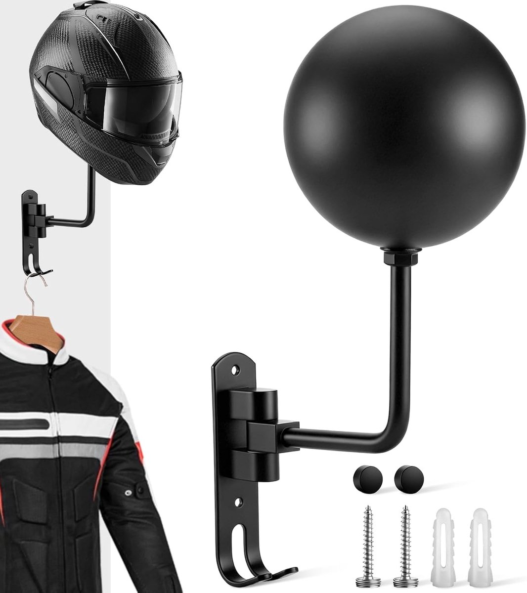 Wall Helmet Holder with Double Hook, 3-in-1, 180° Rotation, Black, Motor Wardrobe, Wall Mounted, Motorcycle Helmet - ShopVlot