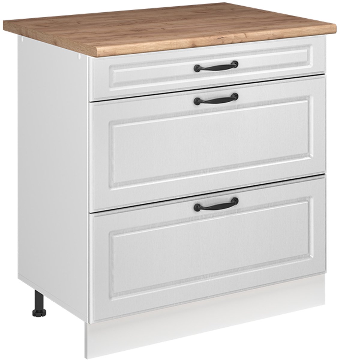 Vicco Keukenonderkast R-Line, Wit landelijk/Wit, 80 cm met 3 laden goudkleurig eiken werkblad