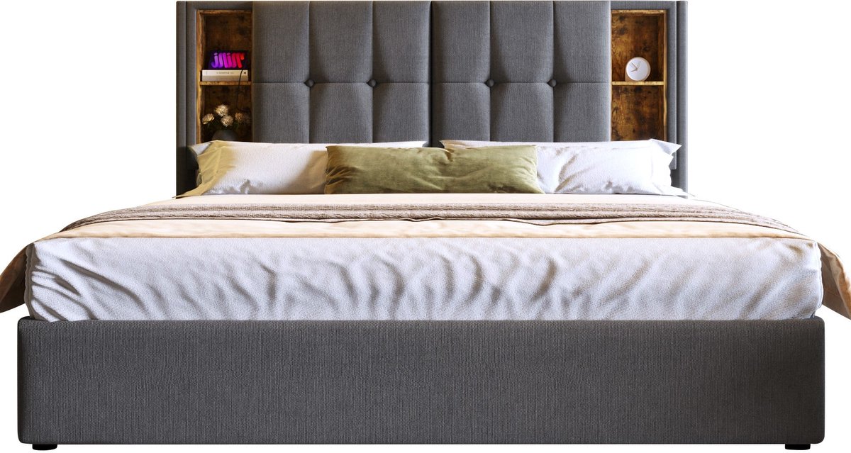 Merax Tweepersoonsbed 160x200 cm - Grijs Gestoffeerd Bed met Draadloze Oplaadfunctie en Opbergruimte