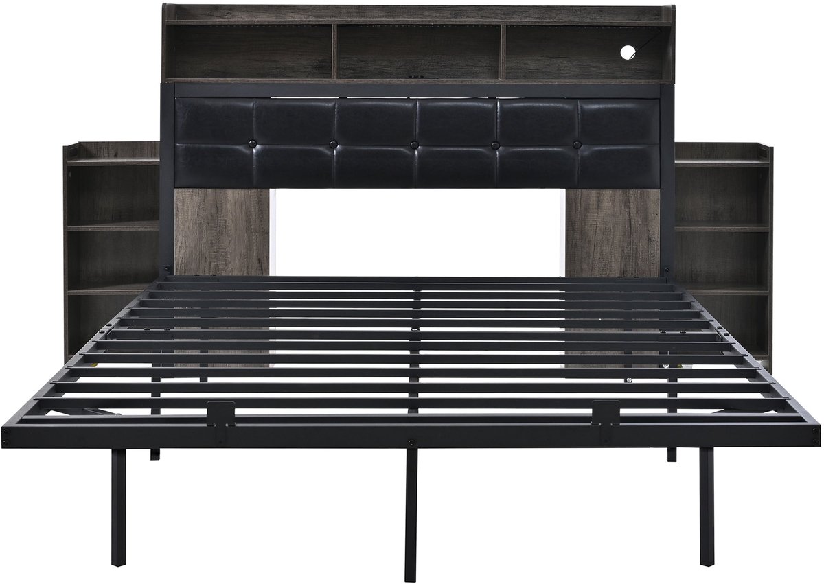 Merax Tweepersoons Bed 140x190 cm - Gestoffeerd Bed met LED Verlichting met Afstandsbediening - USB en Type-C - Metalen Bedframe - 2 Uitschuifbare Nachtkastjes - Grijs