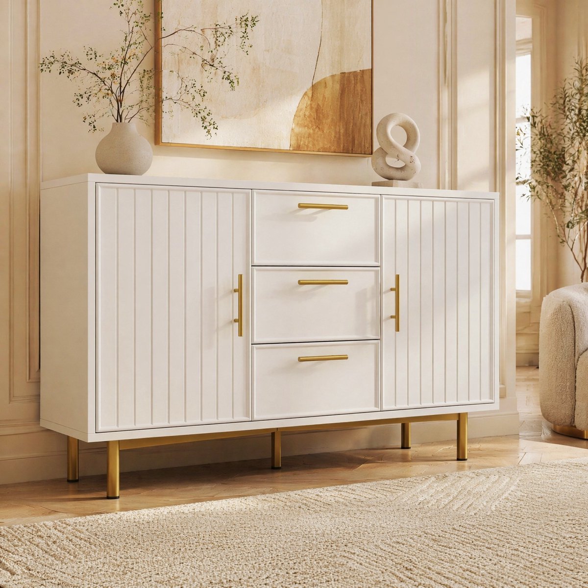 WUVRIE Dressoir 120 x 40 x 75 cm - 2 deuren en 3 lades - Verstelbare plank - Wit
