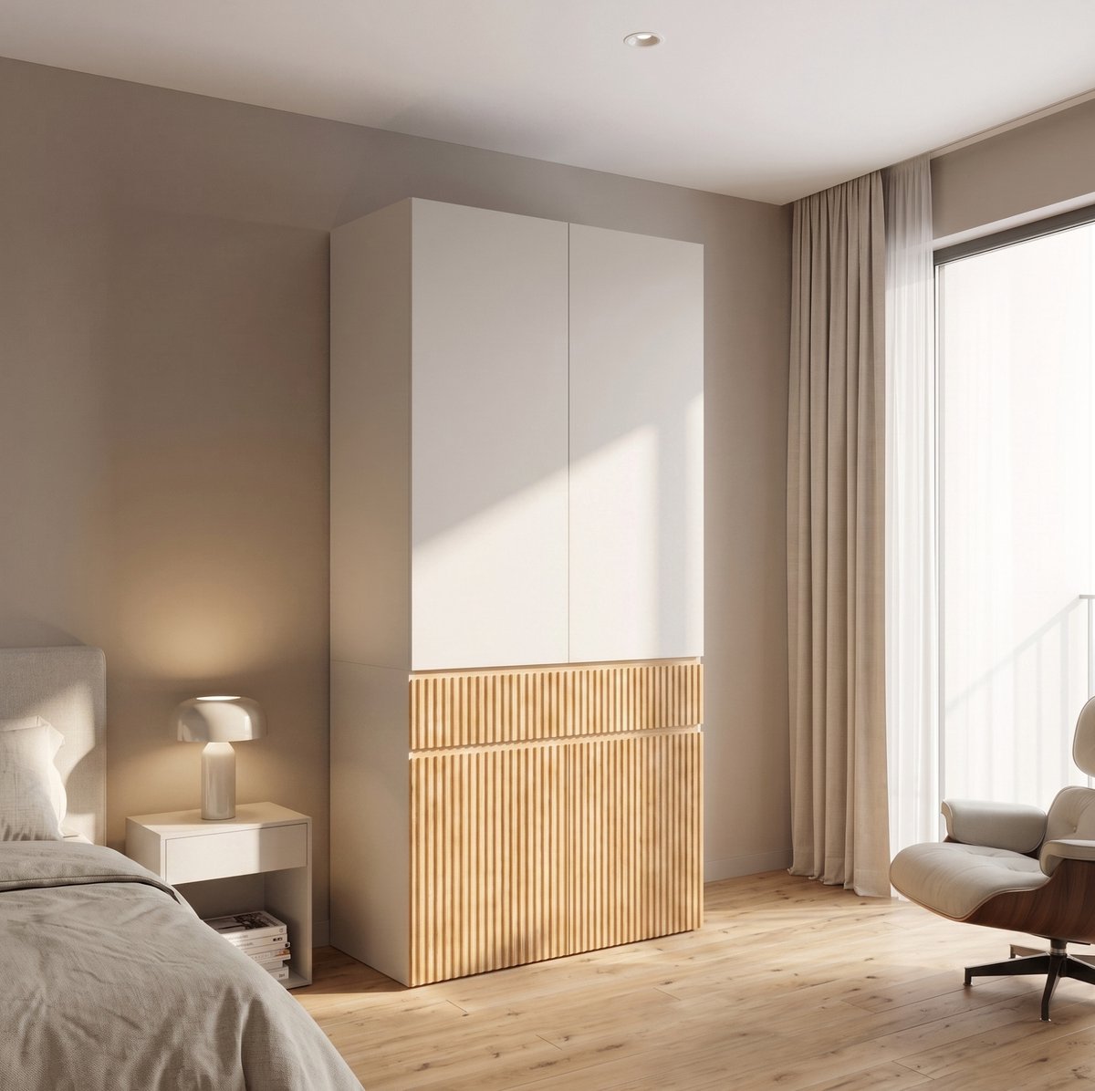 OKWISH Kledingkast - 4 Draaideuren - Kledingroede En 1 Lade - Voor Slaapkamer En Hal - MDF Lichtgrijs Houtkleurig - 90 x 50 x 200 cm Lichtgrijs en naturel