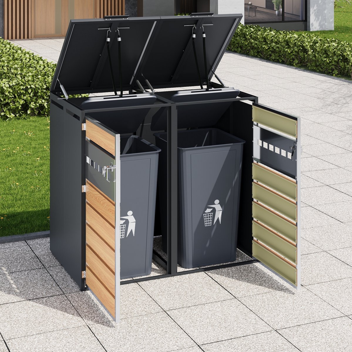 WUVRIE - Containerberging 132 x 80 x 118,5 cm - Voor 2 afvalcontainers - Afsluitbaar - Grijs/houtlook