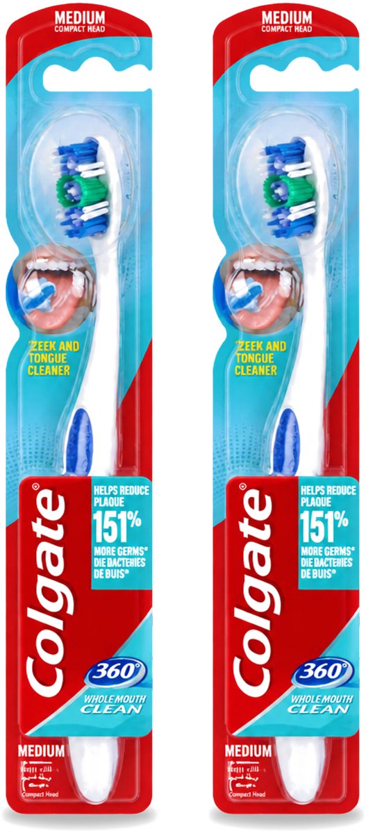 2 x Colgate - Tandenborstel - 360 Whole Mouth Clean Medium - Wit/Blauw - 1 Tandenborstel - Voordeelverpakking - 2 stuks