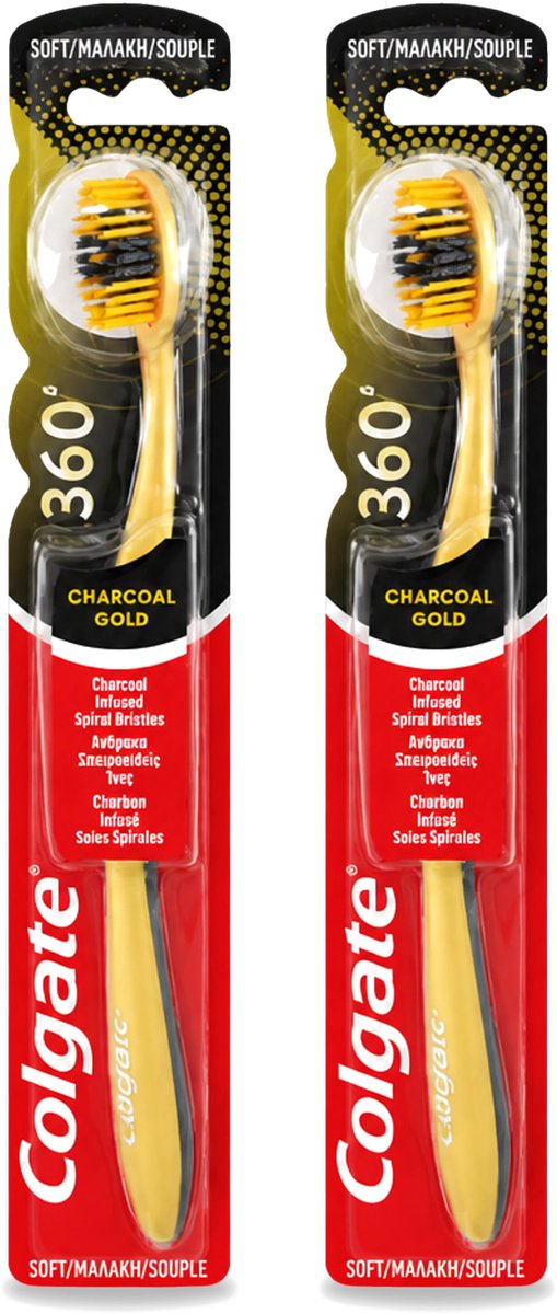 2 x Colgate - Tandenborstel - 360 Charcoal Gold Soft - Zwart/Goud - 1 Tandenborstel - Voordeelverpakking - 2 stuks