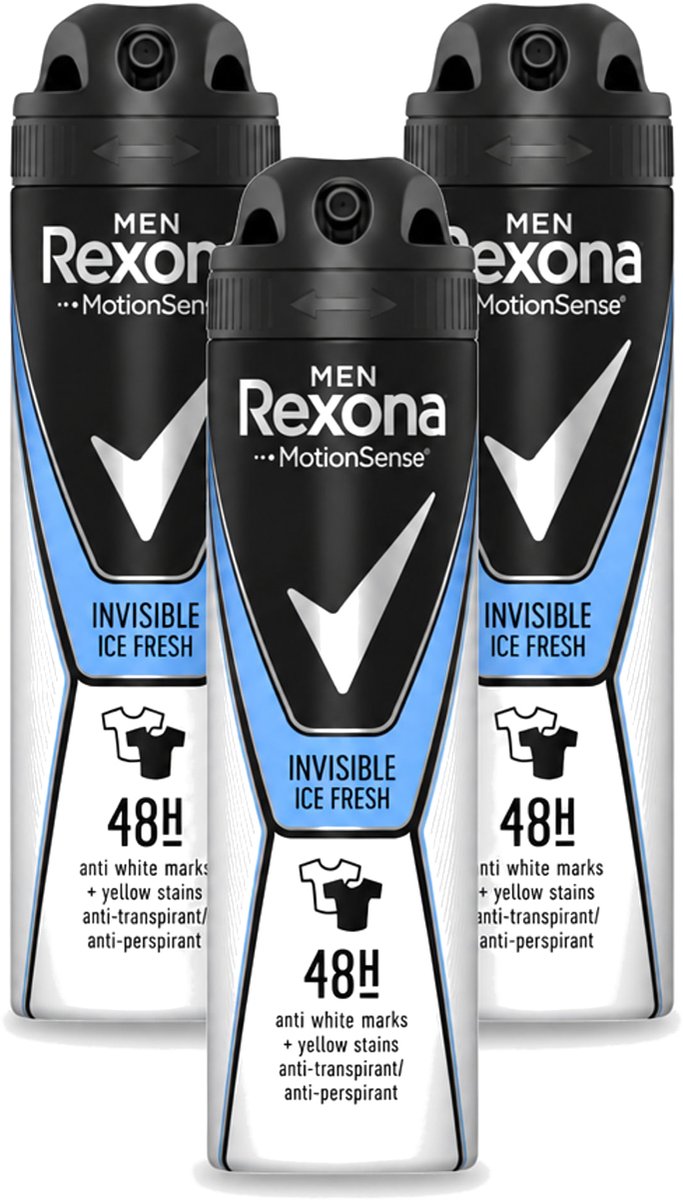 3 x Rexona Men - Invisible Ice Fresh - Deodorant Spray - 150 ml - Voordeelverpakking - 3 stuks