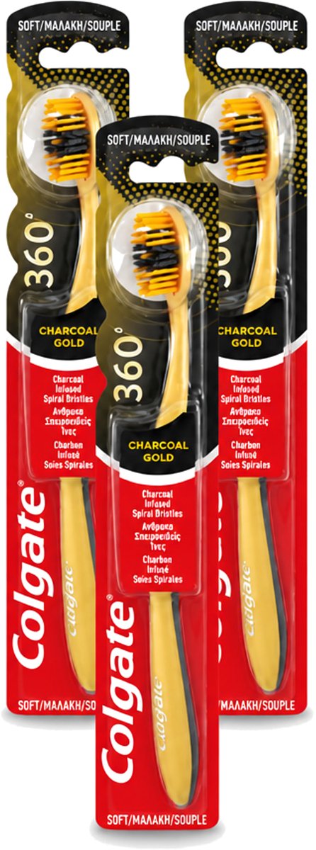 3 x Colgate - Tandenborstel - 360 Charcoal Gold Soft - Zwart/Goud - 1 Tandenborstel - Voordeelverpakking - 3 stuks
