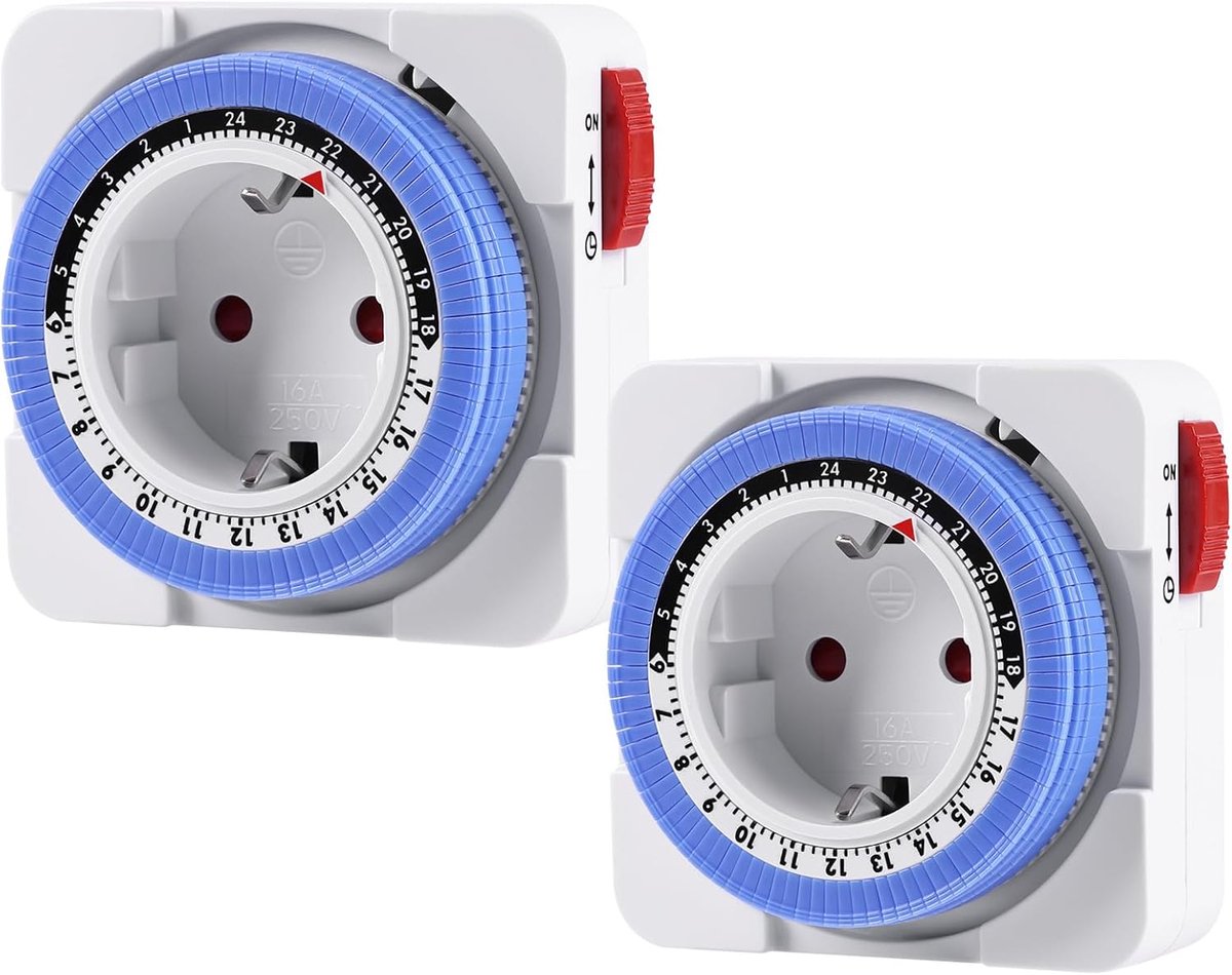 Mechanische analoge timer, 2 stuks - 15 minuten interval - 24 uur programma - flexibele tijdinstelling - Homevero