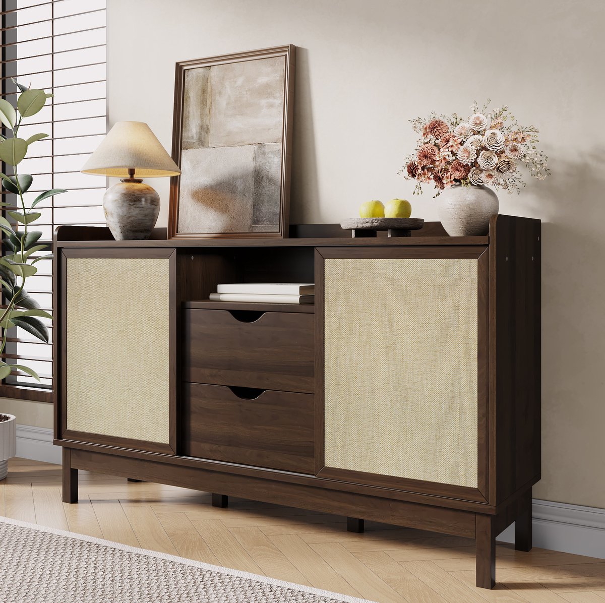 WUVRIE Dressoir 150 x 39,5 x 80 cm - Schuifdeuren, 2 lades en verstelbare planken - Naturel