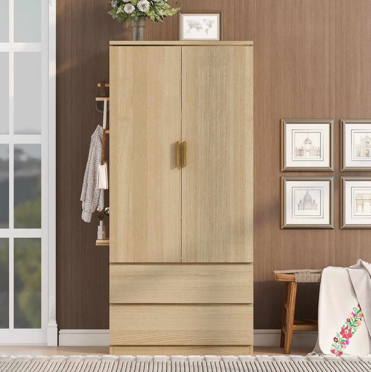 OKWISH Kledingkast - Hangruimte En 2 Laden - Verborgen Opbergruimte En Geperforeerd Zijpaneel - Houtkleur MDF - 70 x 50 x 170 cm
