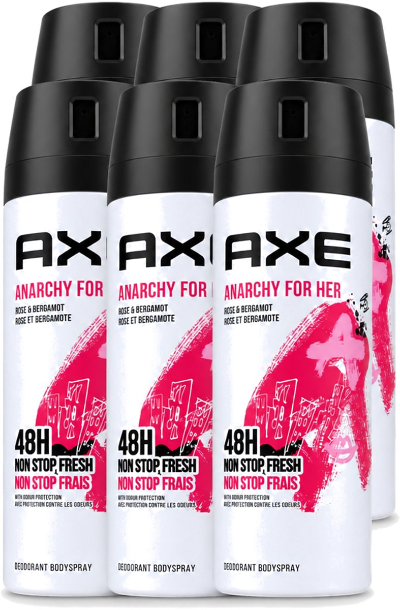 6 x Axe - Deodorant Bodyspray - 48hrs Non Stop Fresh - Anarchy For Her - Rose & Bergamot - 150 ml - Voordeelverpakking - 6 stuks