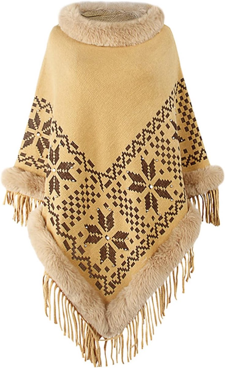 Girl Dames poncho winter gebreide trui cape met franjes en kraag van imitatiebont wikkelsjaal