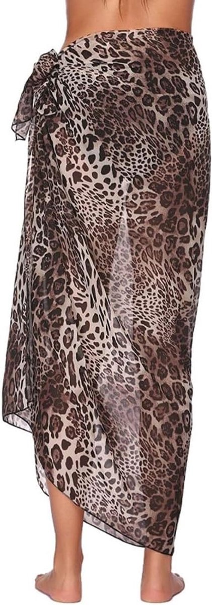 Strandjurk voor dames, lang, chiffon, met strik, luipaardpatroon, sjaalstijl