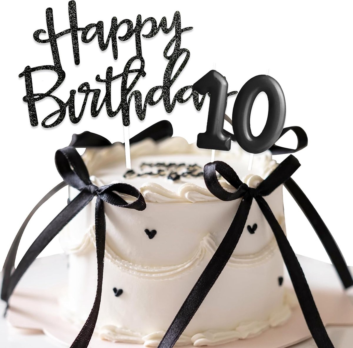 Taartdecoratie voor 10e verjaardag, verjaardagskaarsen en Happy Birthday, taartdecoratie met lint, decoratie verjaardag zwart