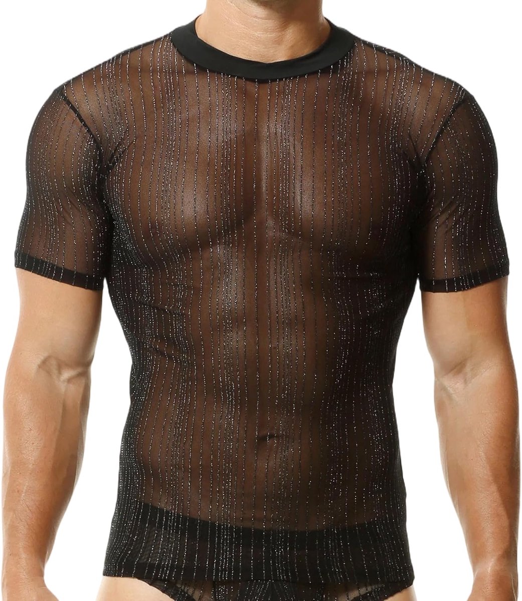 Mesh Onderhemd Activewear Shirt Doorzichtig Glitter Korte Mouw T-Shirt Muscle Fit Clubwear