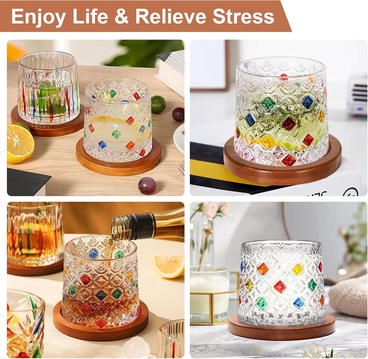 Ouderwetse glazen beker, 275 ml kristallen whiskyglas set van 4, houten onderzetter, verdikking, gebruikt als rumglas, cocktailbeker, koffiekop, melkbeker om te ontspannen en stress te