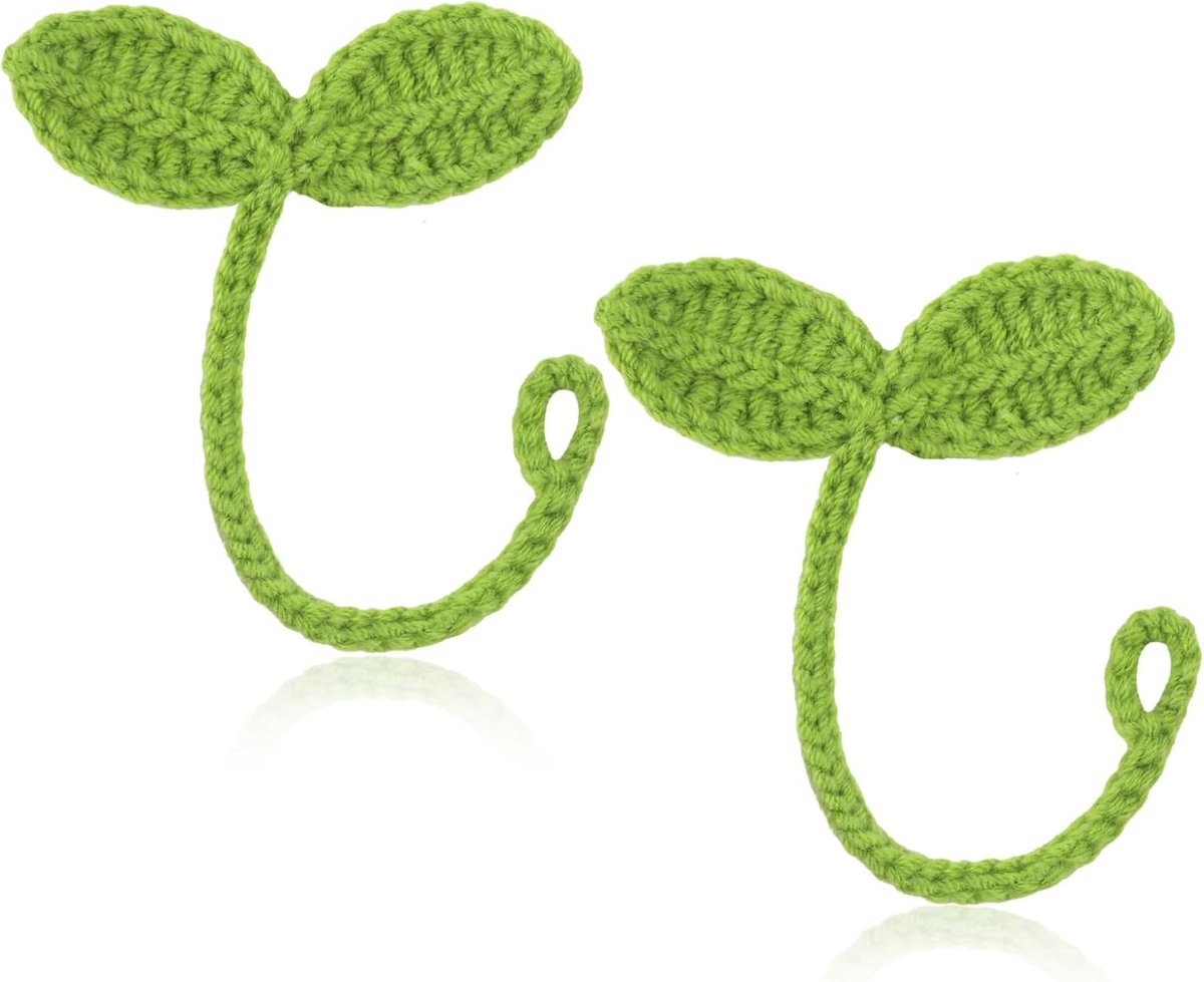 2 stks Gebreide Gehaakte Bladspruit, Handgemaakte Gehaakte Plantenbladwijzer Groene Spruit Gehaakt Ornament Gebreide Bladwijzer Bladdecoratie voor Kabelbinder, Hoofdtelefoonaccessoire