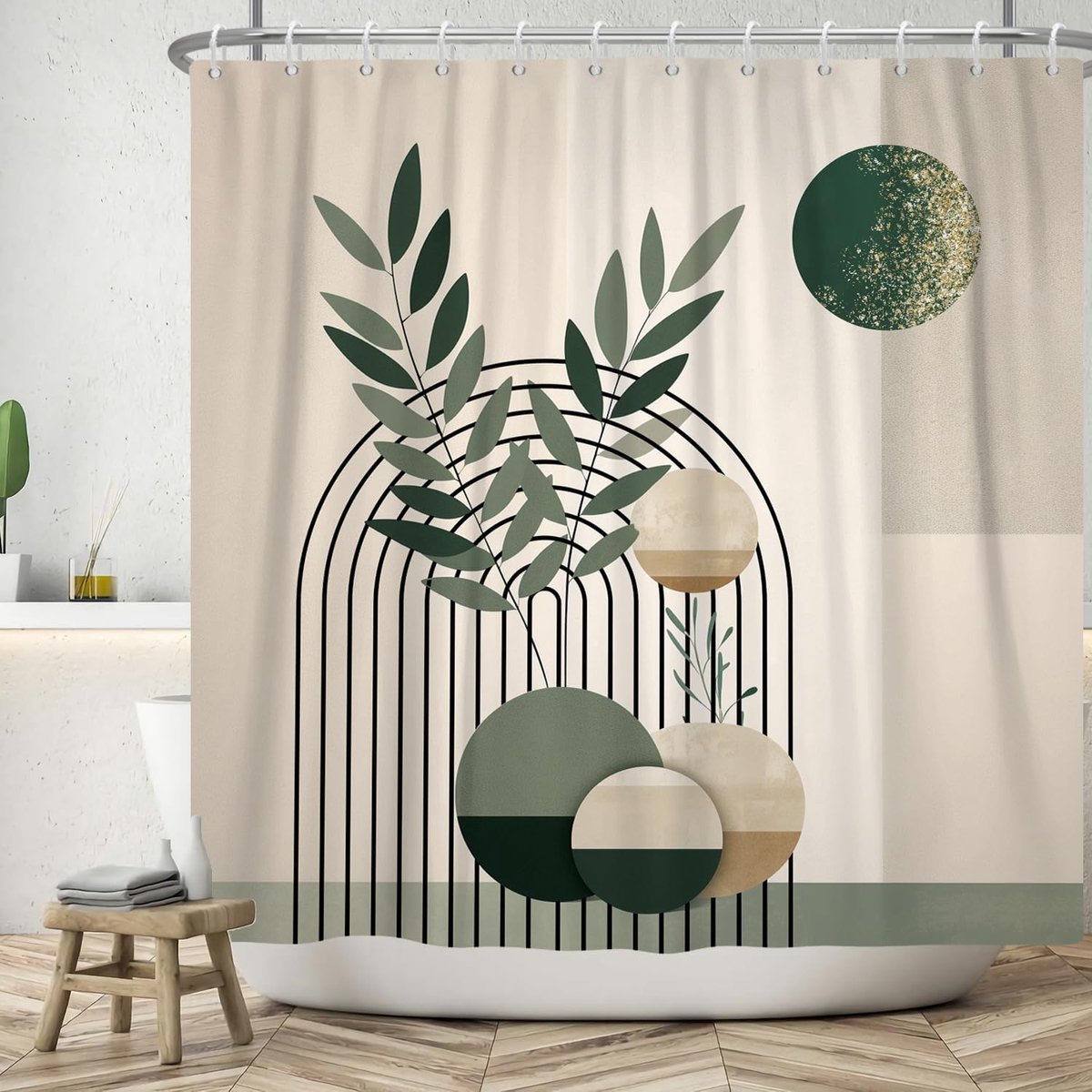 Douchegordijn 180x220 cm, Modern Abstract Kunst Boho Stijl Retro Zon Groen Bladeren Beige Bad Wasbaar Douchegordijn Polyester Textiel Waterdicht Badgordijn voor Badkuip met 12 Haken