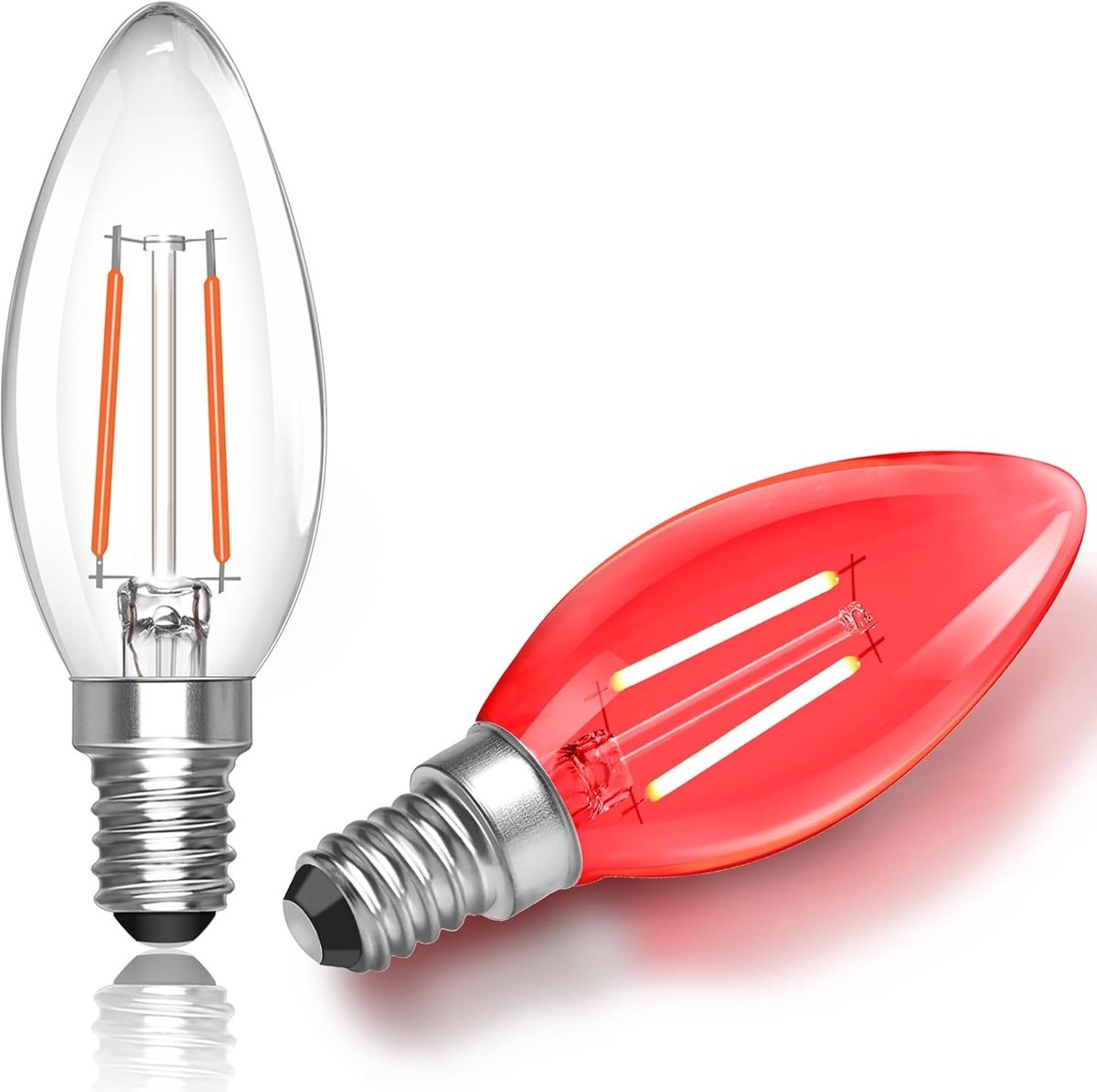 Set van 2 E14 Rode LED Lampen, 2 W Vervanging voor 20 W Gloeilamp, C35 Kaarsvorm, Feestverlichting voor Bruiloft, Halloween en Kerst, 200 Lumen