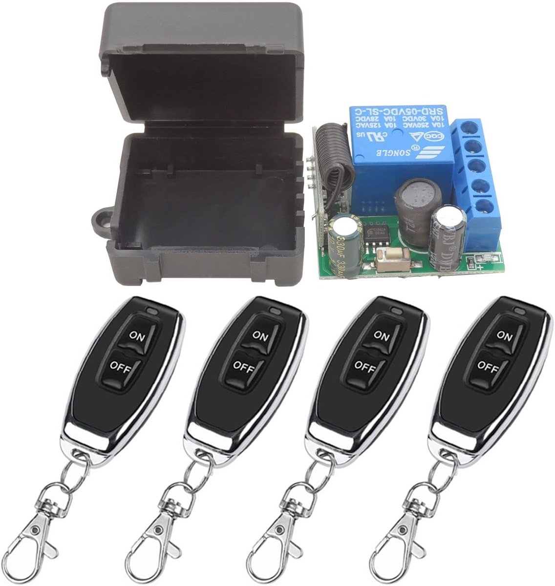 Draadloze Afstandsbediening Schakelaar 433Mhz 5V 12V 24V 1 Kanaals Radio Control Relais Ontvanger met 4 Zenders keyfobs Potentiaalvrije Contacten Relais Controller