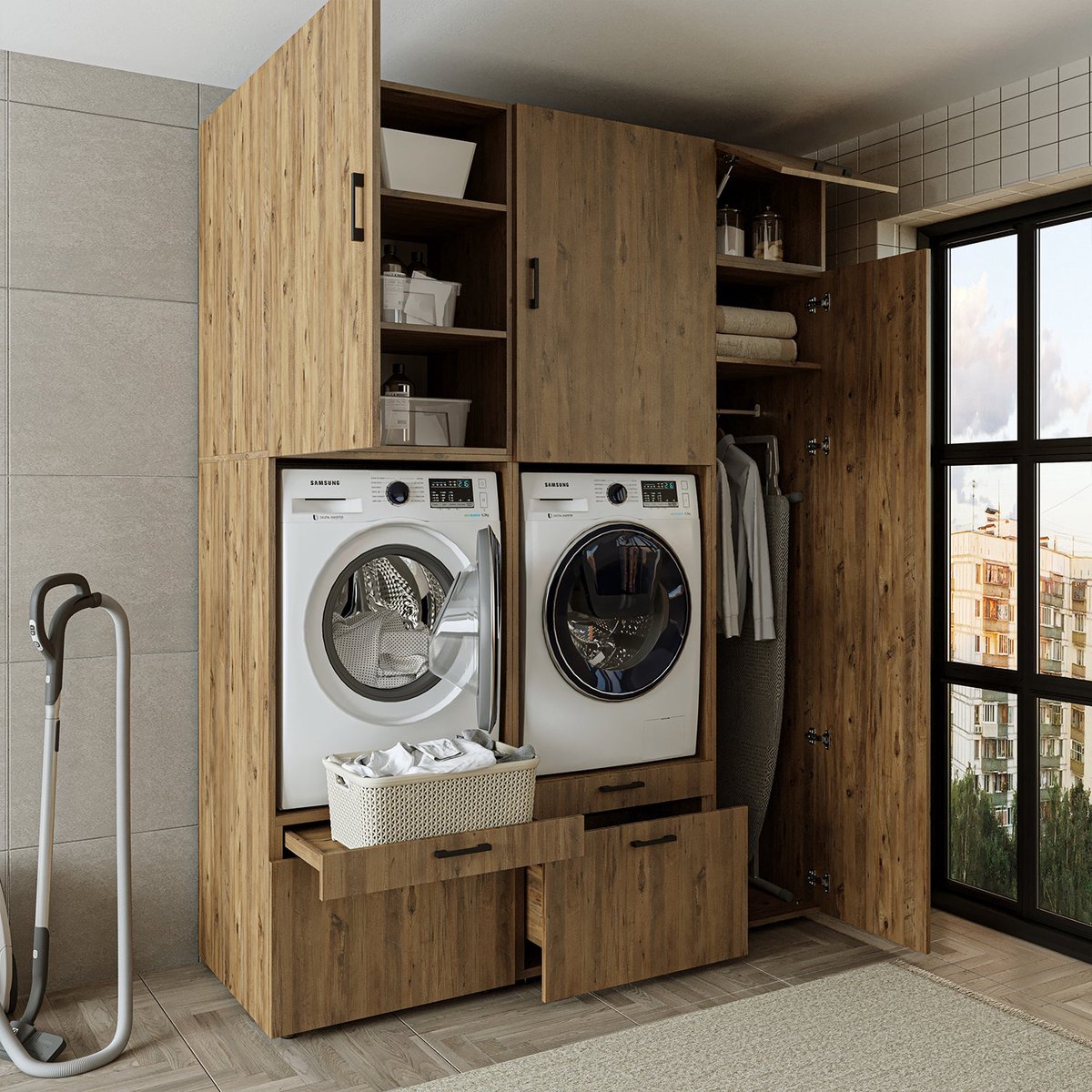 Roomart SERIE 2 Wasmachine Ombouwkast 179x240 cm - Dubbele Kast met Hoge Kast - Eiken