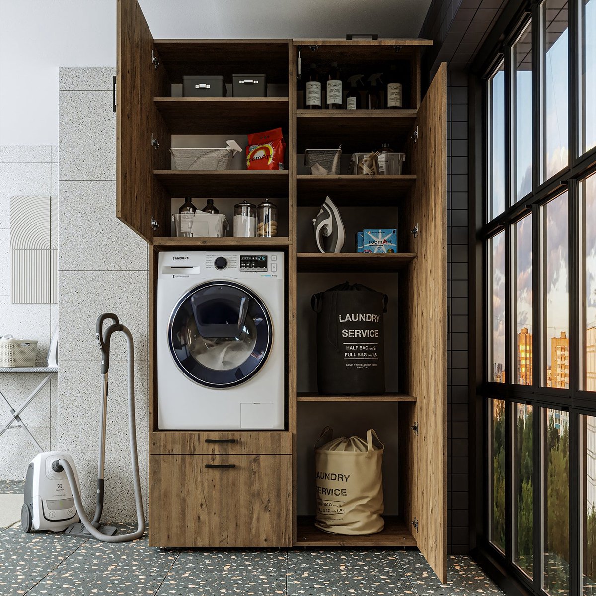 Roomart SERIE 2 Wasmachine Ombouwkast 127x240 cm - met Hoge Kast 60 - Eiken