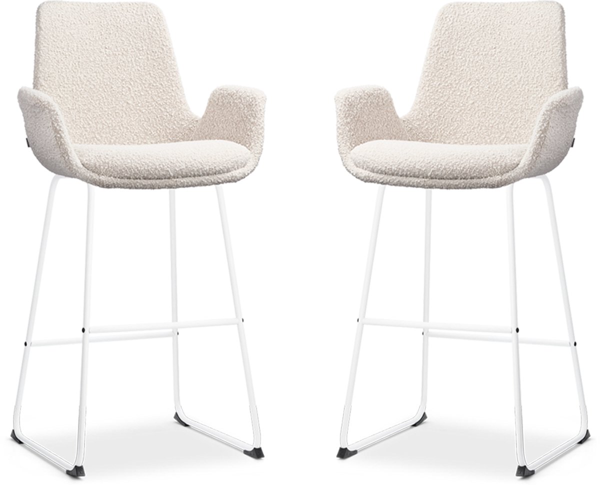 Nolon Nino-Eef Barkrukken Set van 2 Bouclé Beige - met Armleuning - Wit Onderstel - 75 cm - Barkruk met Rugleuning - Lage Armleuning - Scandinavisch Bouclé - Beige - Wit onderstel