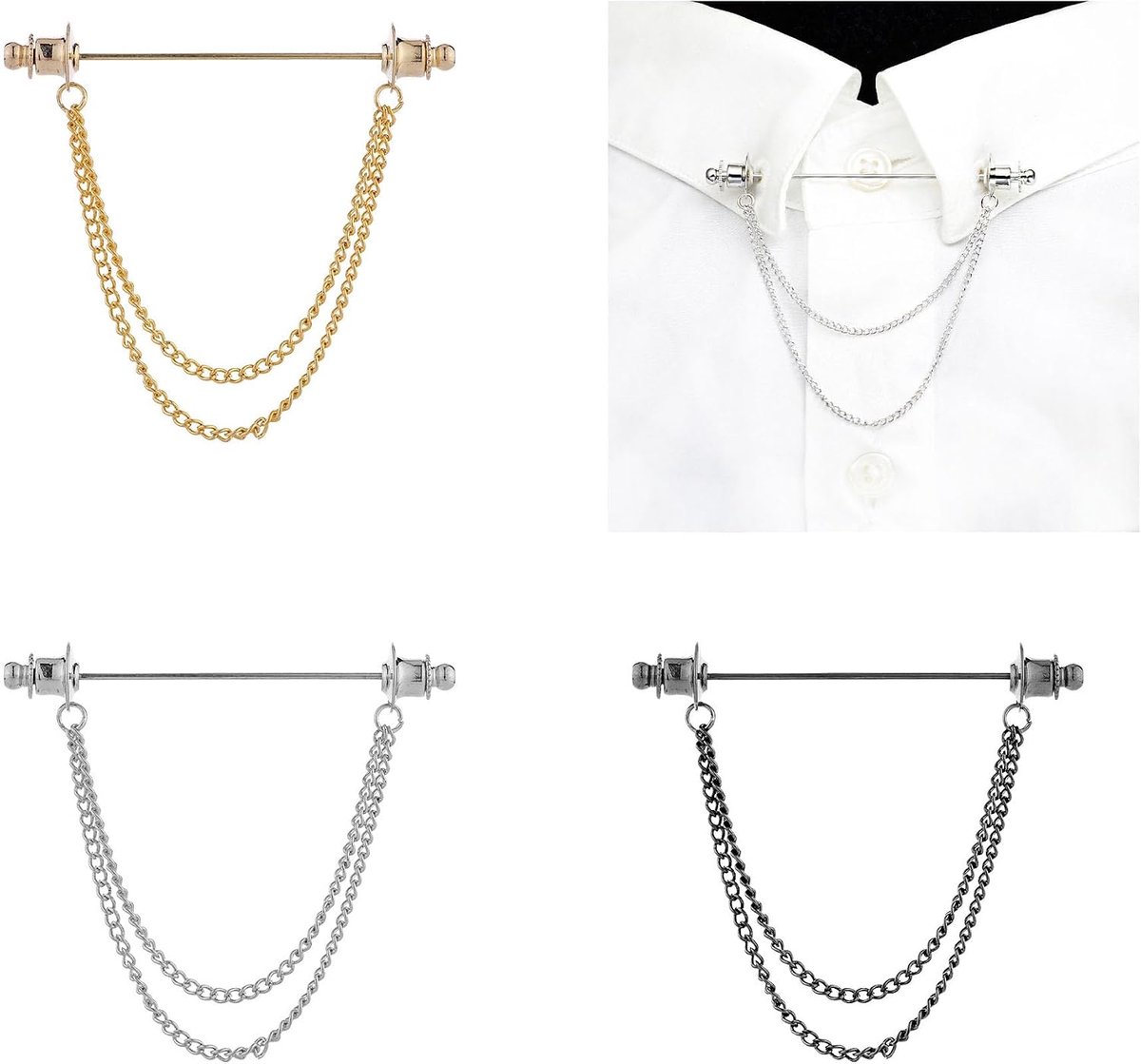 3 Pcs Collar Pins, Tie Collar Pin, Mens Shirt Collar Clip Collar Bar with Chain, Tie Pins for Men Suit Accessories - ShopVlot
