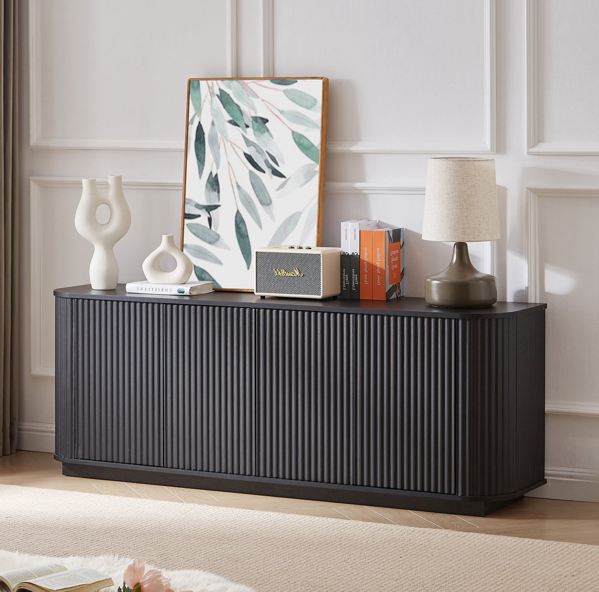 WUVRIE Dressoir 162,5 x 38 x 61 cm - 4 deuren met drukopening - Zwart