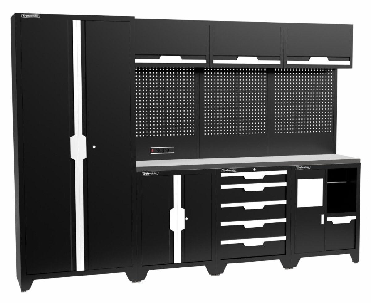 Kraftmeister werkplaatsinrichting - Werkbank met 3 wandkasten, 1 werkplaatskast en RVS werkblad - Werktafel met 5 laden, 1 opbergkast, 1 prullenbak en gereedschapswand - Complete set voor werkplaats of garage - Zwart